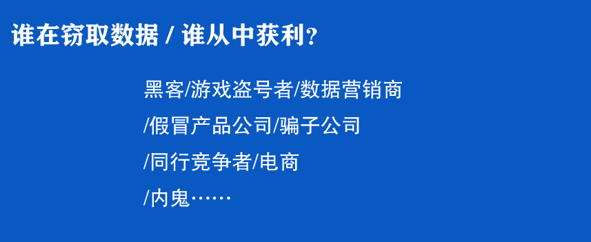 谁在窃取数据/谁从中获利？
黑客/游戏盗号者/数据营销商
/假冒产品公司/骗子公司
/同行竞争者/电商
/内鬼……