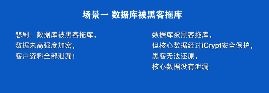 场景一 数据库被黑客拖库
未使用高强度保护：
数据库被黑客拖库，
数据未高强度加密，客户资料未全部泄漏。

使用iCrypt安全360安全保护之后：
数据库被黑客拖库，
但核心数据经过iCrypt安全360保护，
黑客无法还原，核心数据没有泄漏