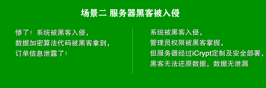 场景二 服务器黑客被入侵
未使用高强度保护：
惨了！系统被黑客入侵，
数据加密算法代码被黑客拿到，
订单信息泄露了！

使用iCrypt安全360安全保护之后：
系统被黑客入侵，管理员权限被黑客掌握，
但服务器经过iCrypt定制及安全部署，
黑客无法还原数据，数据无泄漏