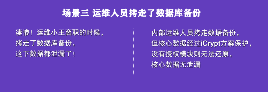 场景三 运维人员拷走了数据库备份
未使用高强度保护：
凄惨！运维小王离职的时候，
拷走了数据库备份，这下数据都泄漏了！

使用iCrypt安全360安全保护之后：
内部运维人员拷走数据备份，
但核心数据经过iCrypt方案保护，
没有授权模块则无法还原，核心数据无泄漏